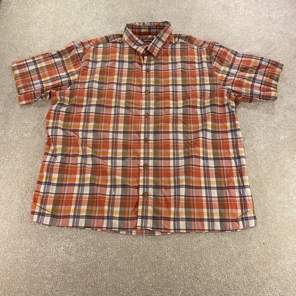 Orvis Other - Orvis Button Up Shirt Mens XL Orange Plaid Classic Fit Linen Blend Short Sleeve